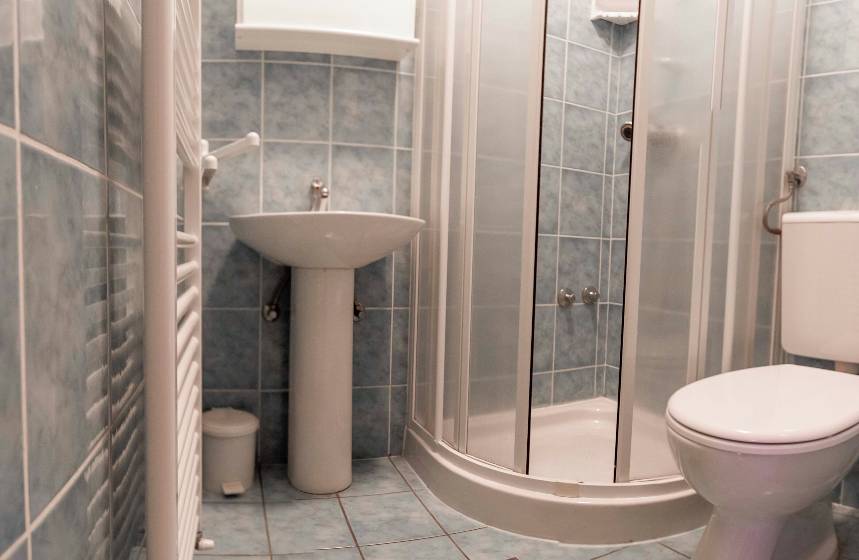 A bathroom with a shower enclosure, a sink, and a toilet.