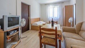 Una habitación con una cama, televisión, mesa de comedor y sofá.