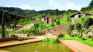Paisatge rural amb cases a la vessant d'una collada, un estany i una paret de pedra.