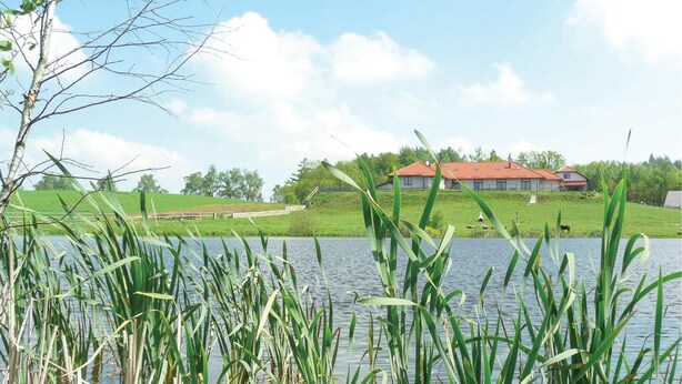 A lakeside view with a house and a grassy area. - Nice apartment in Borcz with kitchen (Borcz)