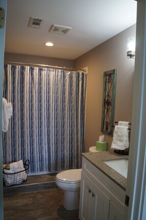 Combined shower/bathtub, hair dryer, towels