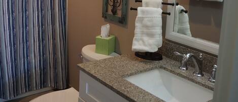 A bathroom with a toilet, sink, and shower curtain.