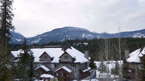 A large, multi-story house with a snow-covered roof, surrounded by trees and mountains.