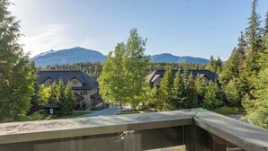 A residential area with houses, a wooden bridge, and a mountain in the background.