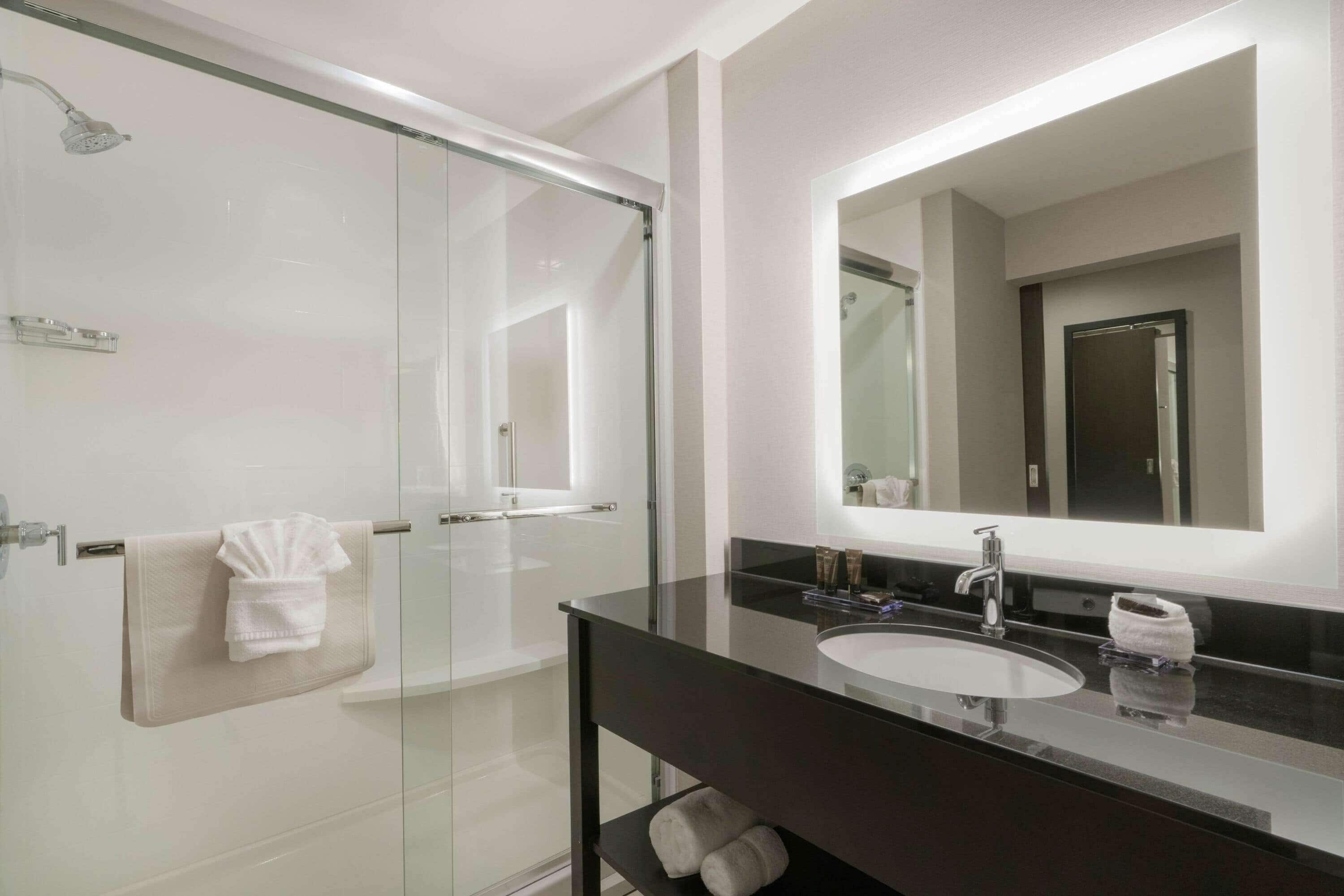 hair dryer, towels, soap, shampoo