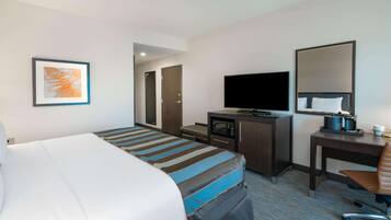 Una habitación de hotel con cama, escritorio, televisor y puerta.