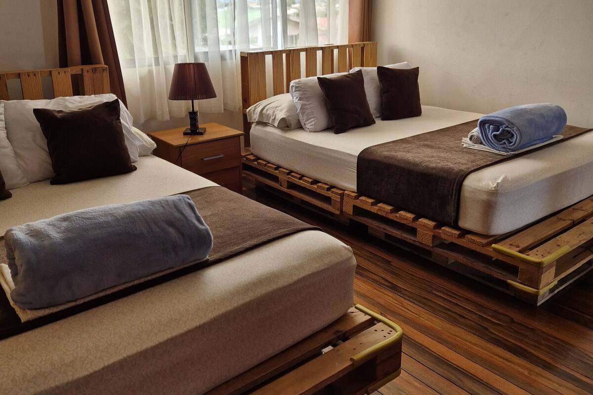 A room with two beds, a nightstand, a lamp, and a view of the outdoors.