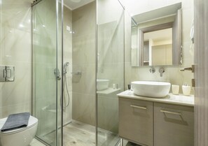 Shower, hair dryer, towels, toilet paper