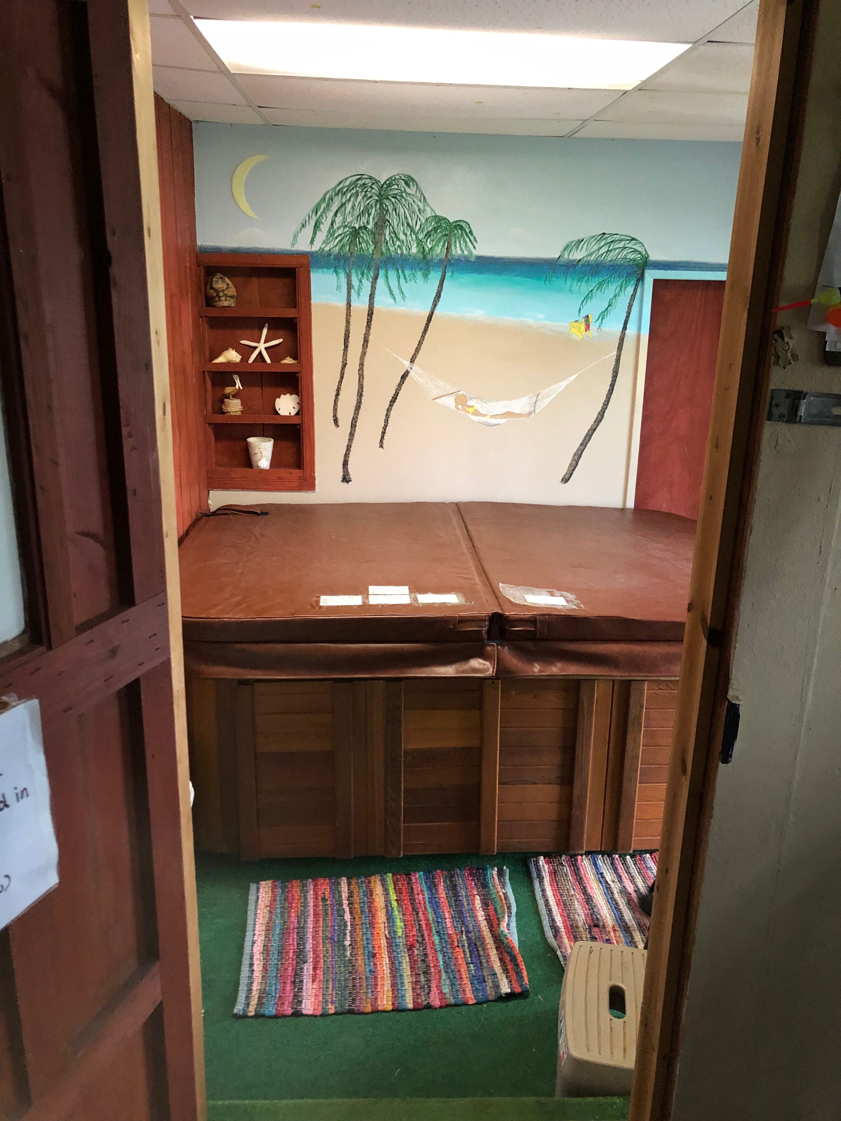 Une chambre avec un lit superposé, une fresque représentant une scène de plage, une étoile de mer et un hamac.