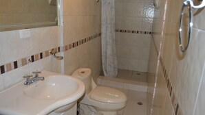 Un baño con lavabo, inodoro y ducha.