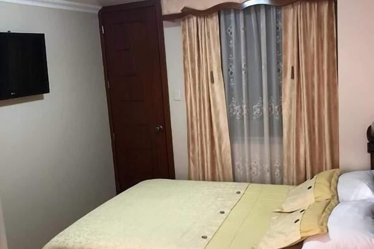 Un dormitorio con cama, cortinas, televisor y puerta.