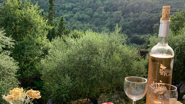 A table with food and drink items, including bread, cheese, apples, almonds, and a bottle of wine, set against a backdrop of a forested hillside.
