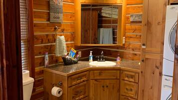 Shower, hair dryer, heated floors, towels