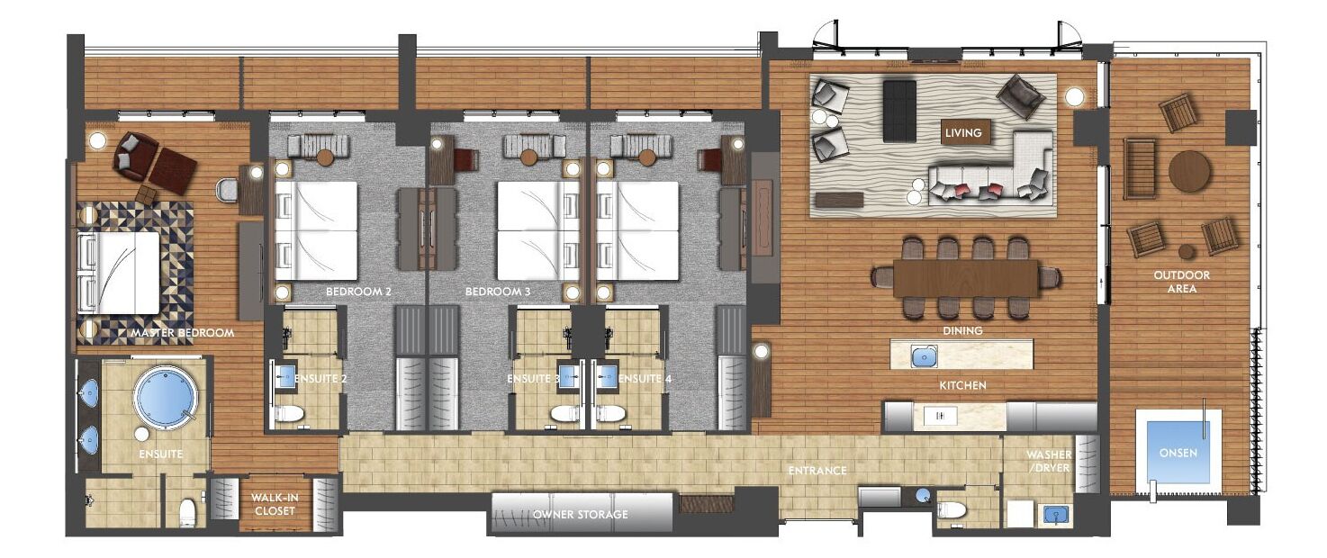A hotel layout with multiple bedrooms, a master bedroom, ensuite bathrooms, a dining area, a kitchen, a walk-in closet, and an outdoor area.