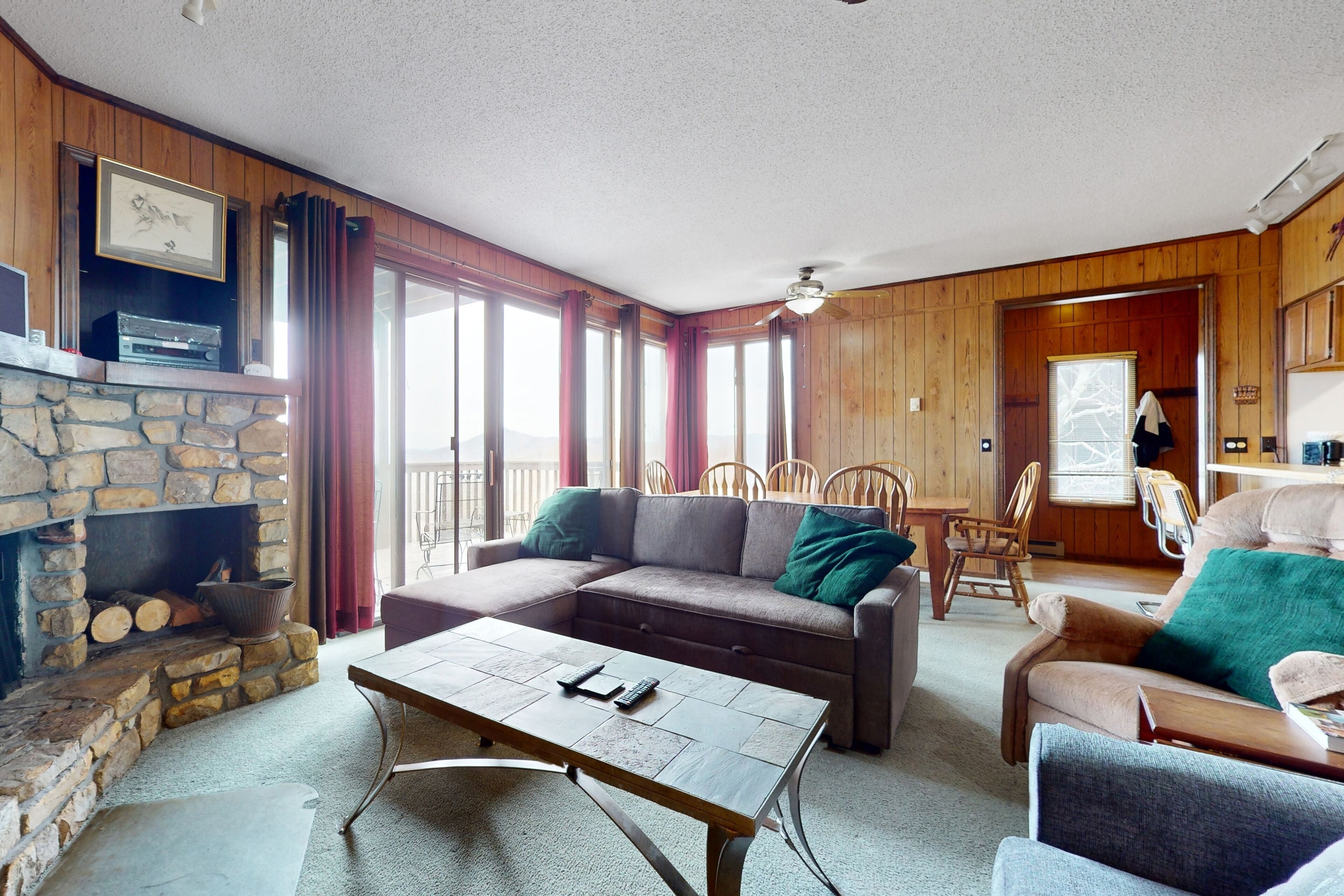 Televisión, chimenea, reproductor de DVD y libros 