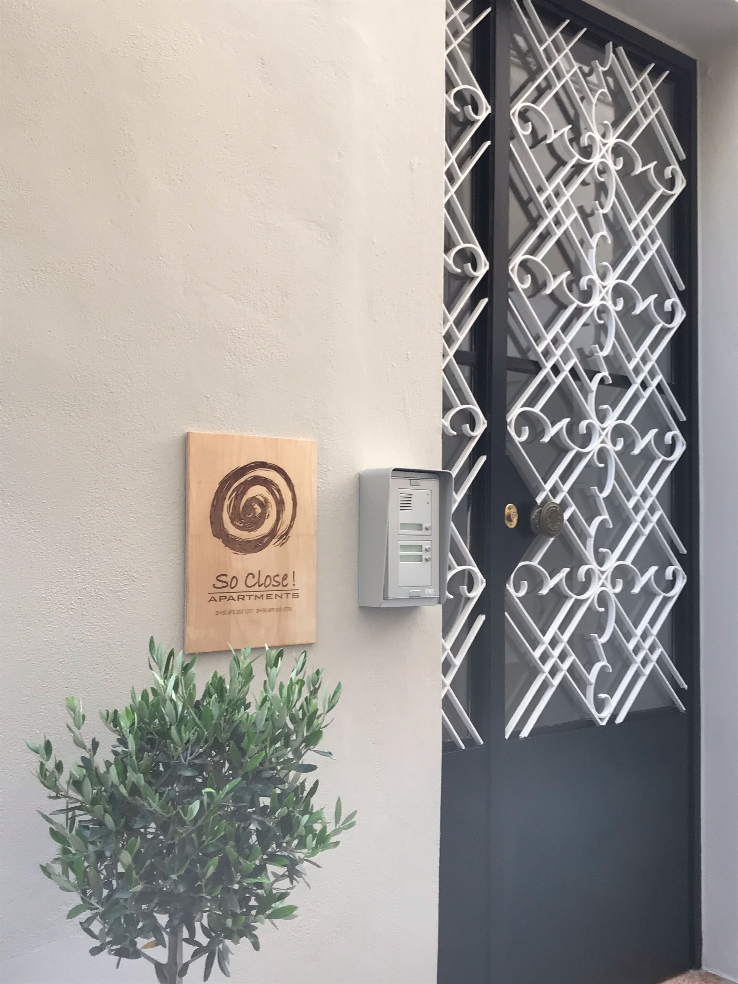 Eine Tür mit schmiedeeisernem Gitter, einem kleinen Blumentopf und einem Schild mit spiralförmigem Dekor.