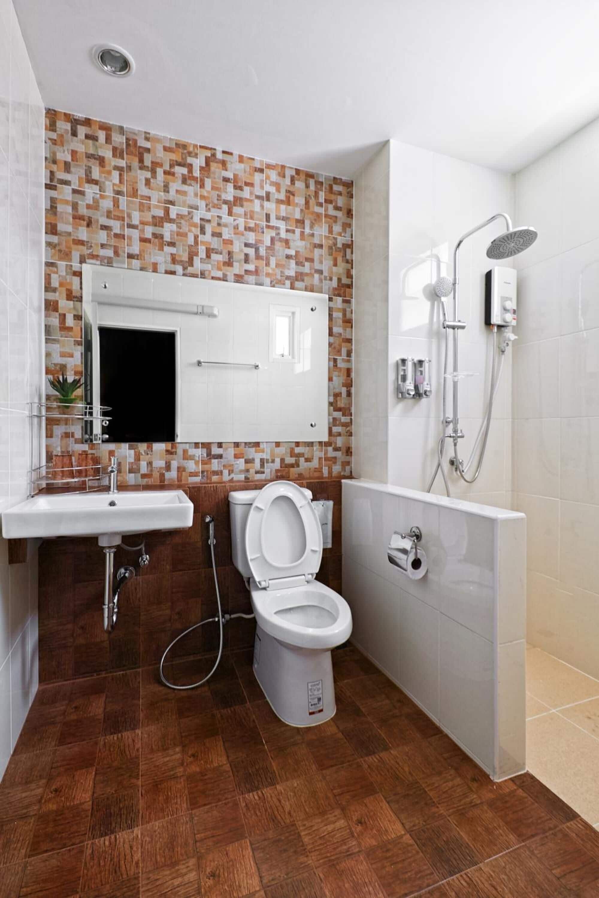 shower, rainfall showerhead, hair dryer, towels