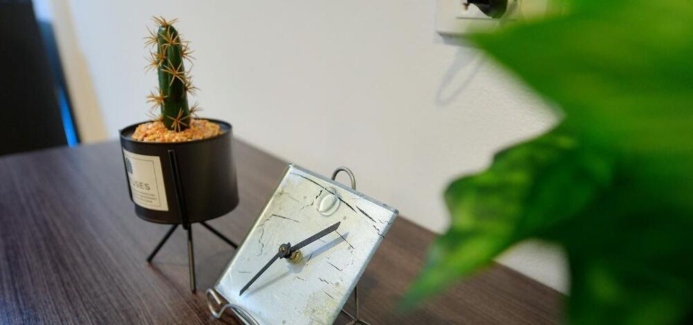 A cactus in a black pot on a wooden table with a metal clock.