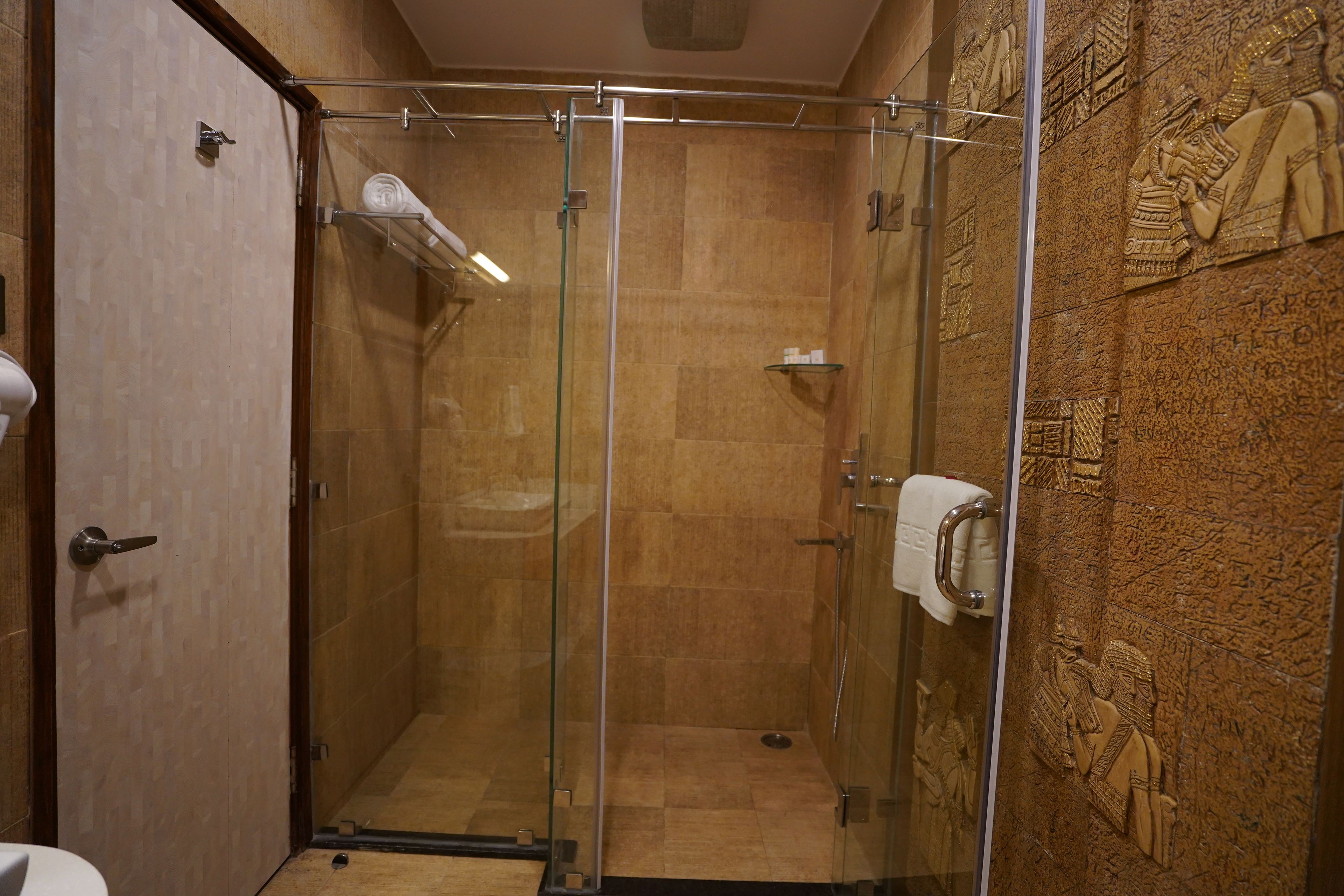 A glass-enclosed shower stall with a towel rack and a glass door.