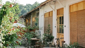 A courtyard with steps leading to a wooden door, bicycles, and potted plants. - No. 79 Backpacker (Kaohsiung)