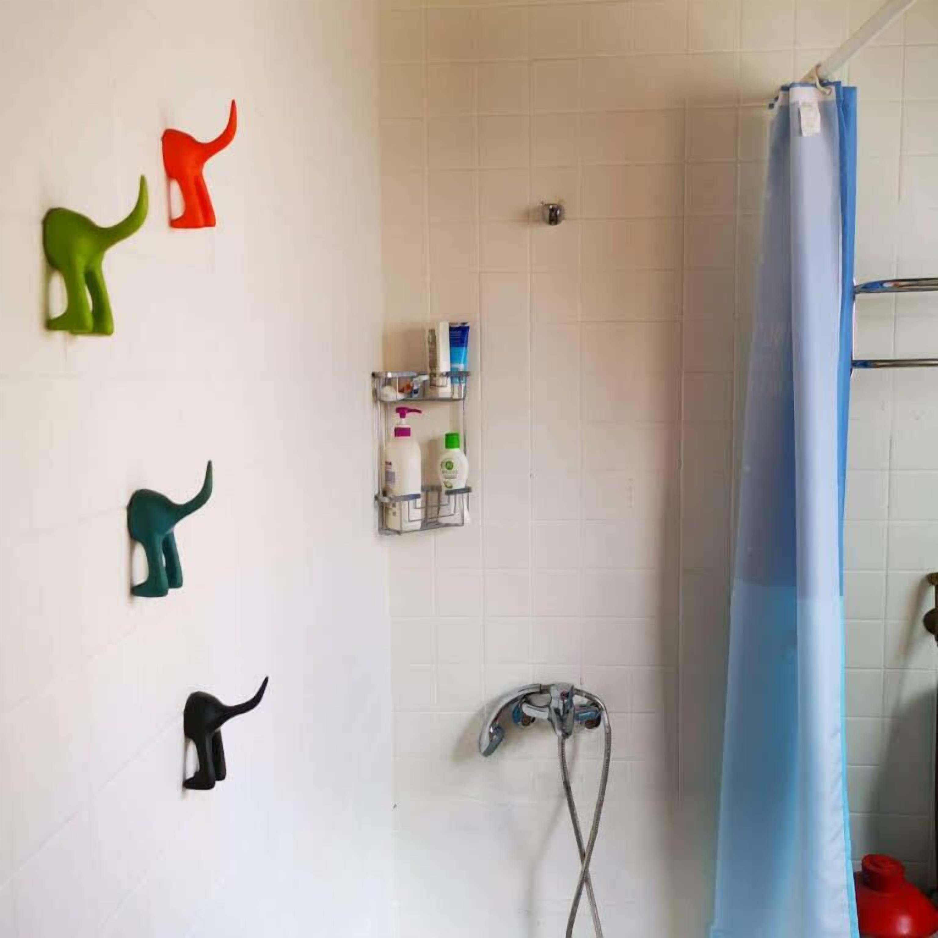 Un baño con ducha, perchero y estante con artículos de aseo.