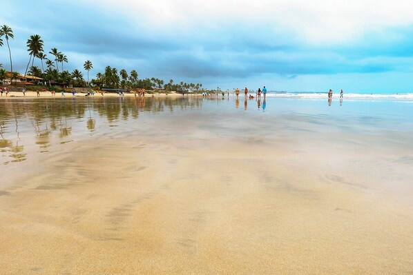 A beach with clear water, palm trees, and a few people walking.
