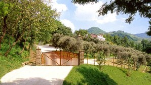 A gated property with a gravel driveway leading to a house surrounded by olive trees and greenery. - Agriturismo Ai Gradoni (Teolo)