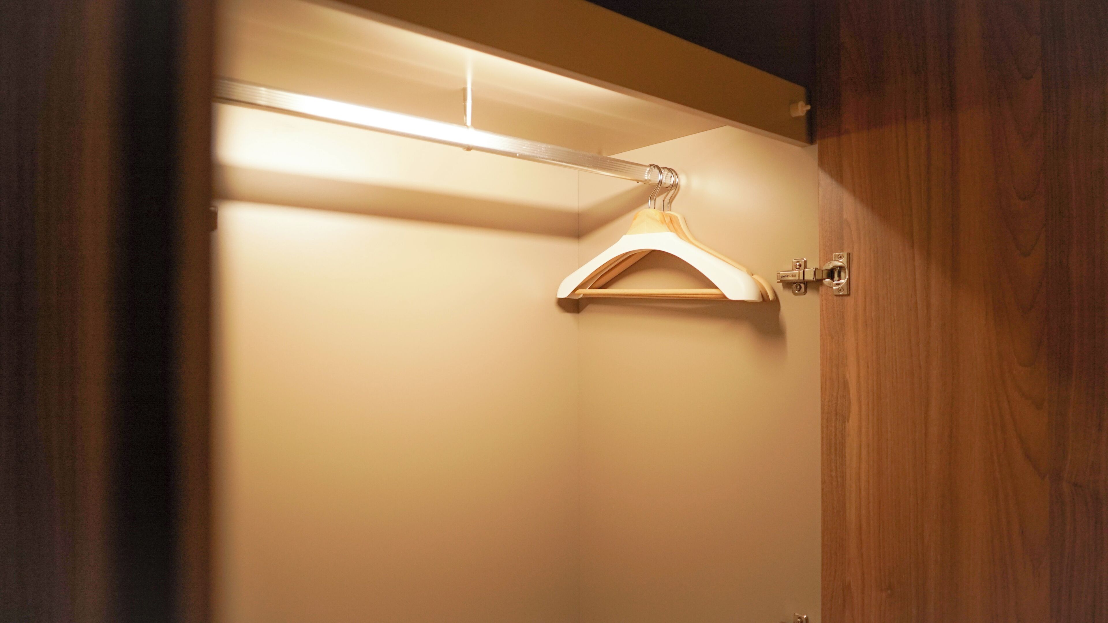 A wooden door with a white hanging garment organizer.