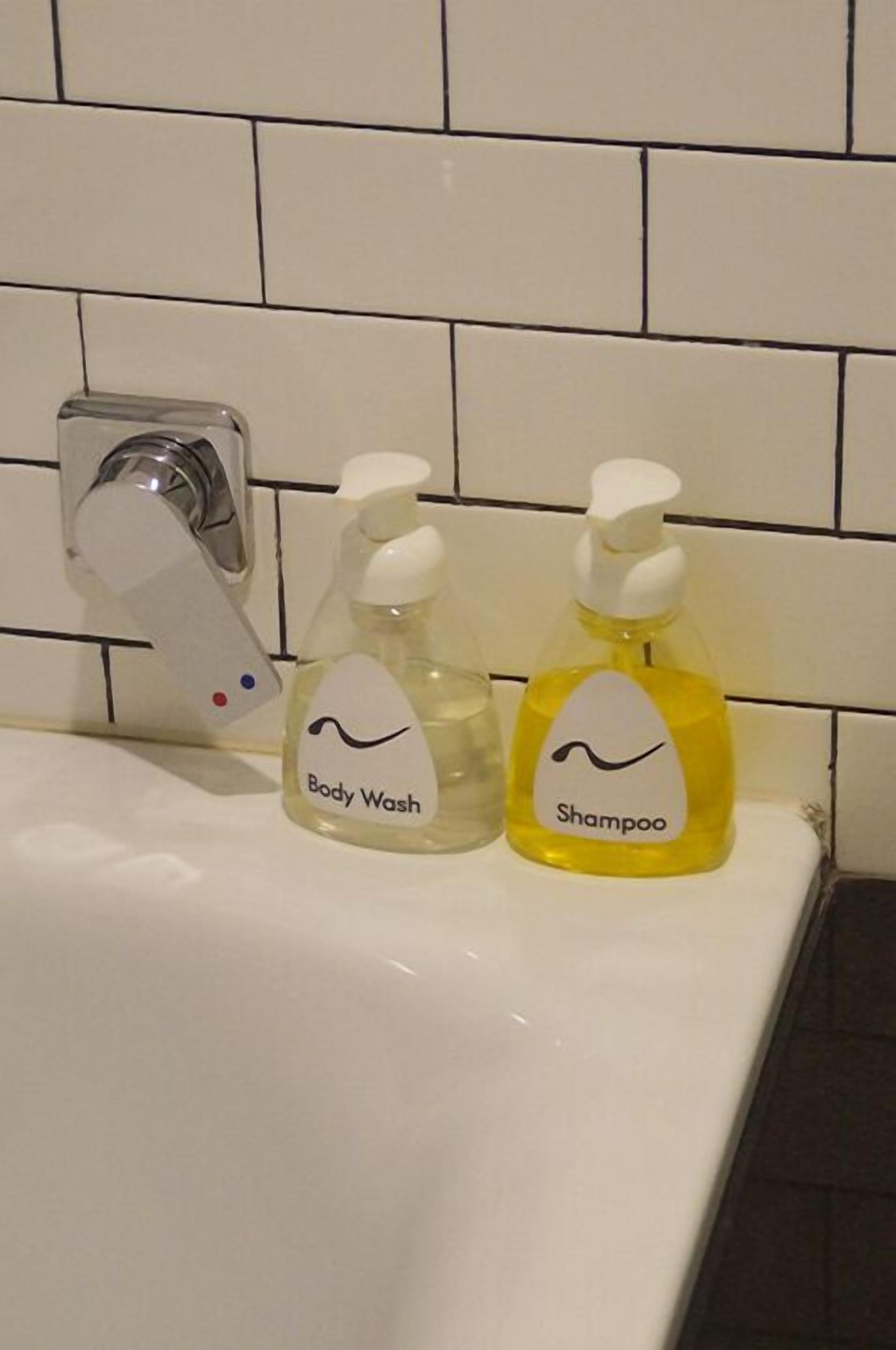 Ein Badezimmer mit einem weißen Waschbecken, zwei Flaschen Duschgel und Shampoo sowie einem Wasserhahn.