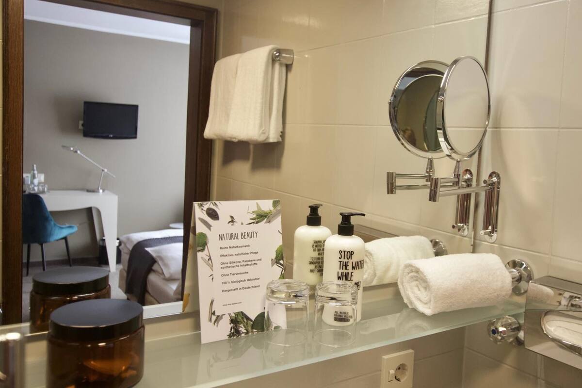 free toiletries, hair dryer, towels
