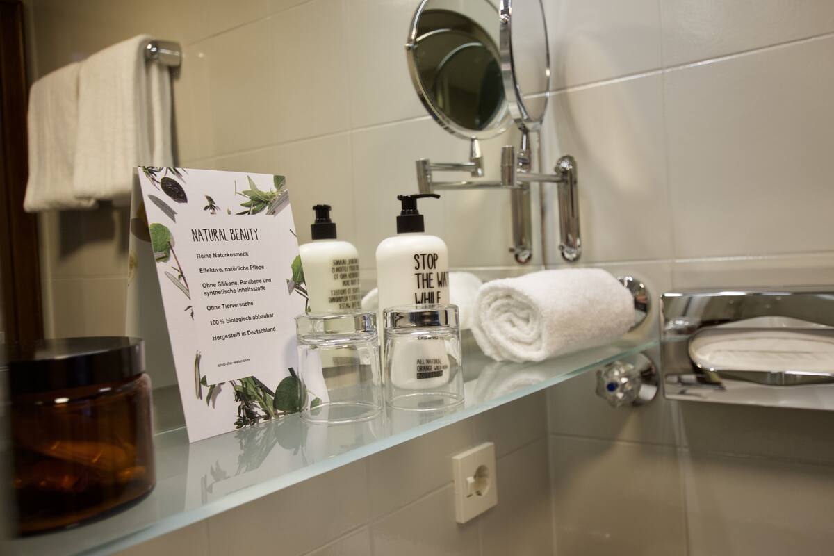 free toiletries, hair dryer, towels