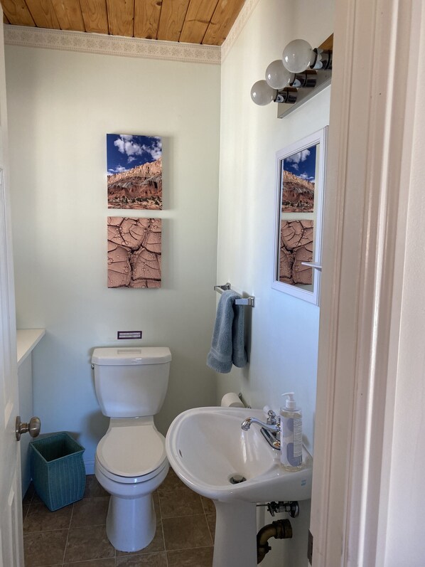 A bathroom with a toilet, sink, and two wall-mounted pictures depicting desert landscapes.