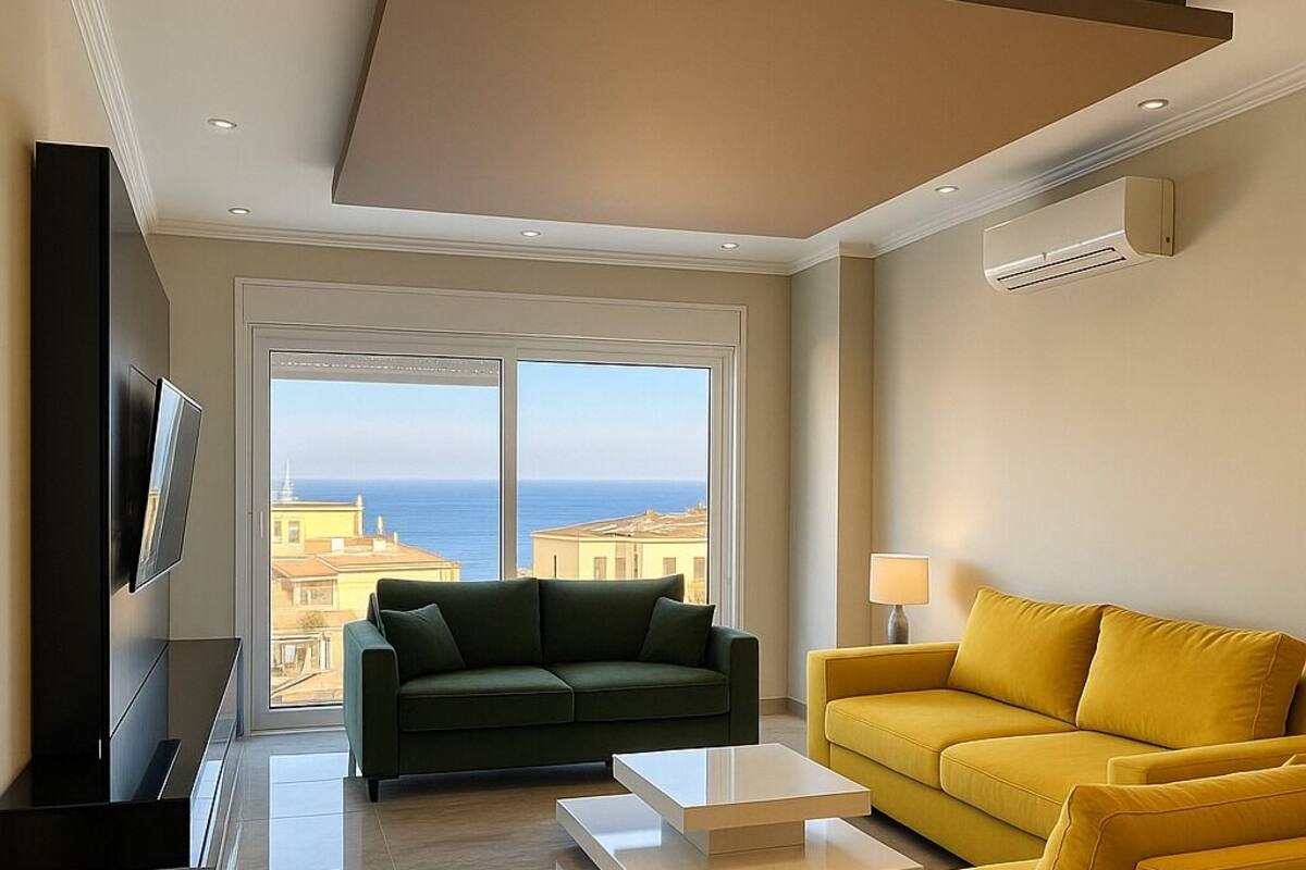 A modern living room with a green and yellow sofa set, a flat-screen TV, and a view of the sea through large windows.