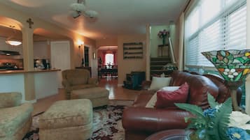 TV, fireplace, DVD player, books