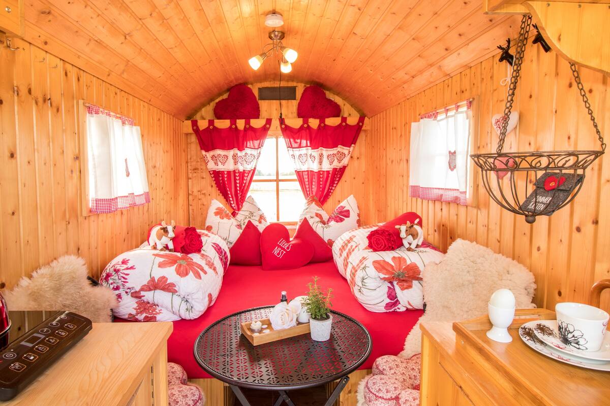 A cozy cabin interior with a wooden interior, a sofa bed with floral bedding, a small table with a tray, and a hanging basket.