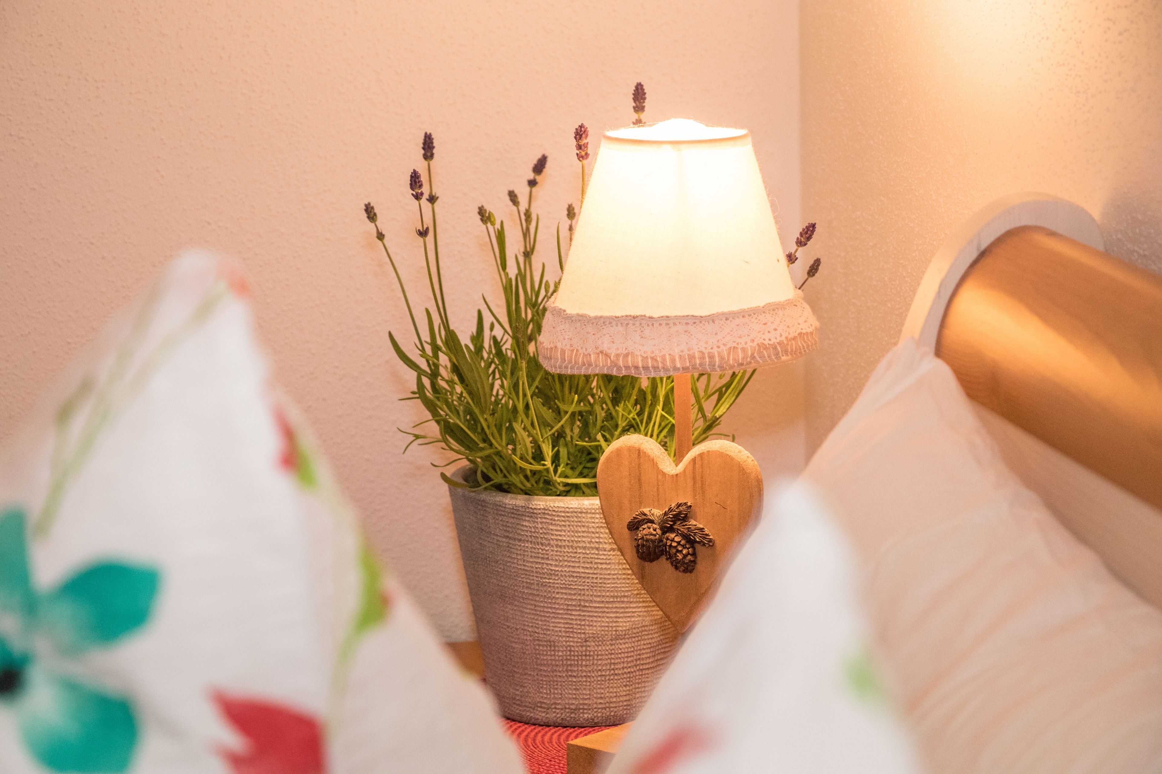Un comodino con una lampada, una pianta in vaso e un oggetto decorativo a forma di cuore.