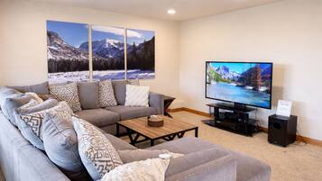 Smart TV, fireplace, DVD player, books