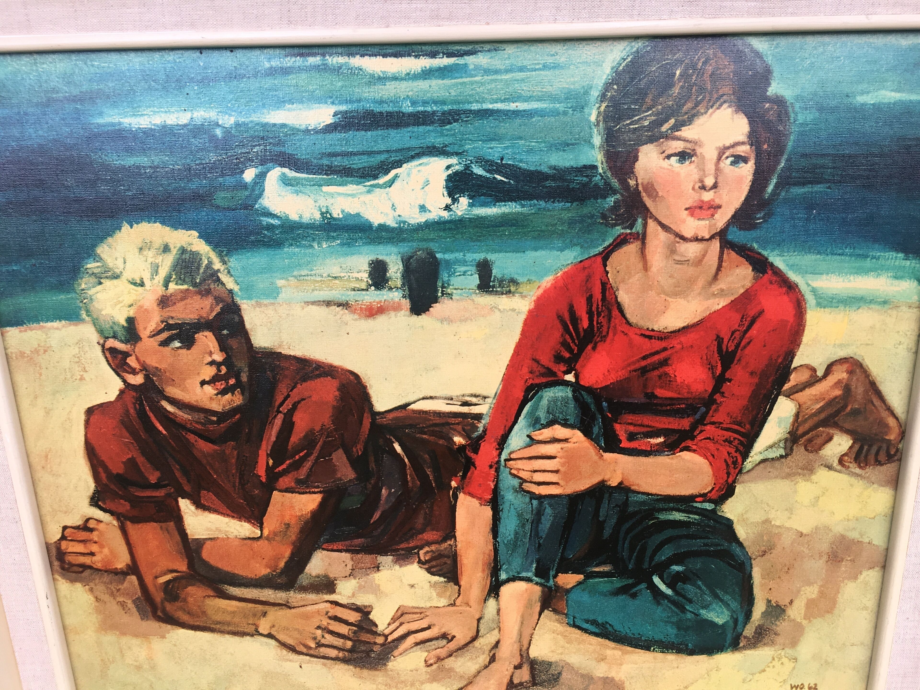 A painting of two figures seated on a beach with a calm sea and a clear sky in the background.