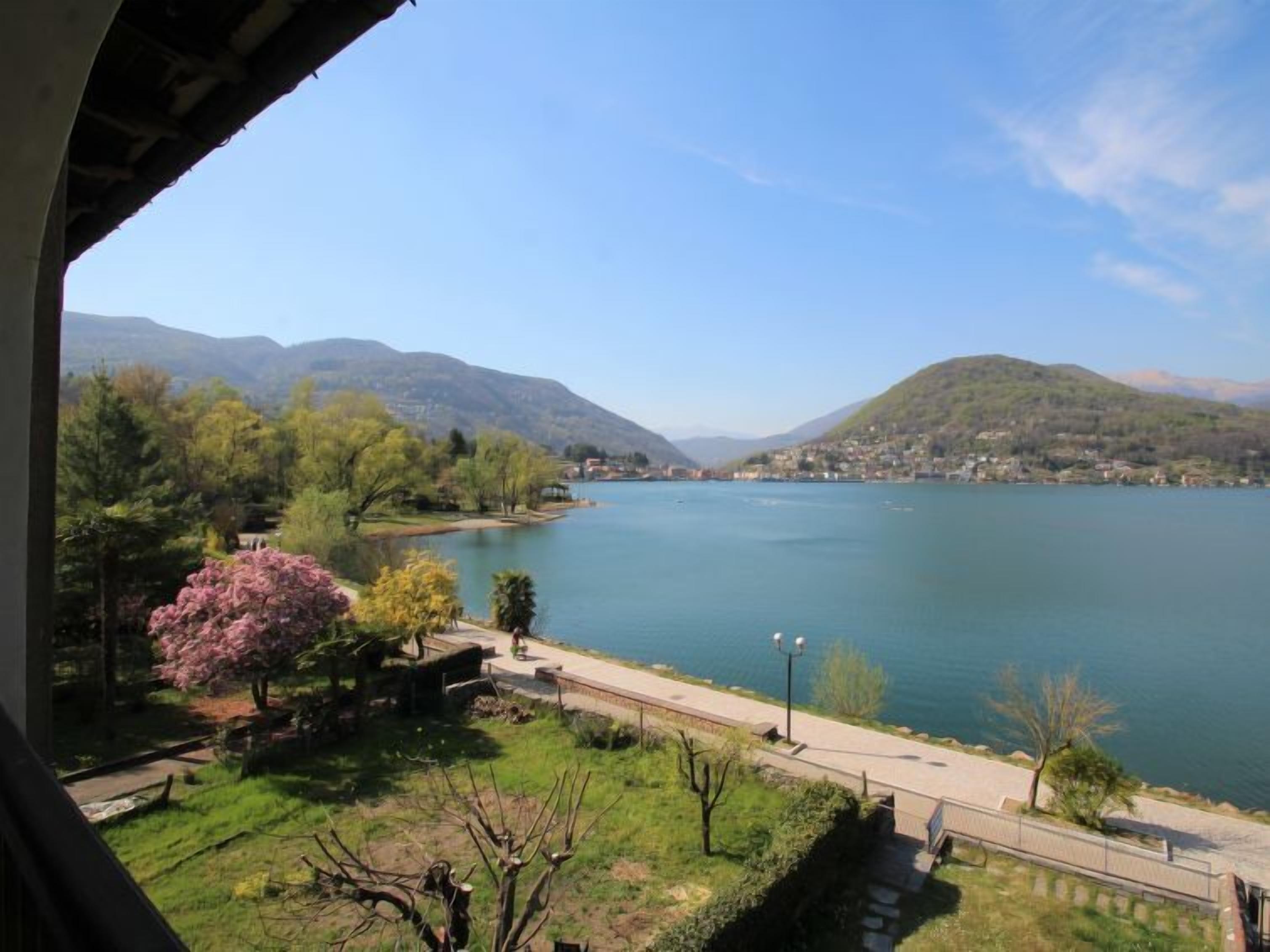 A lakeside view with a pathway, trees, and a distant town.