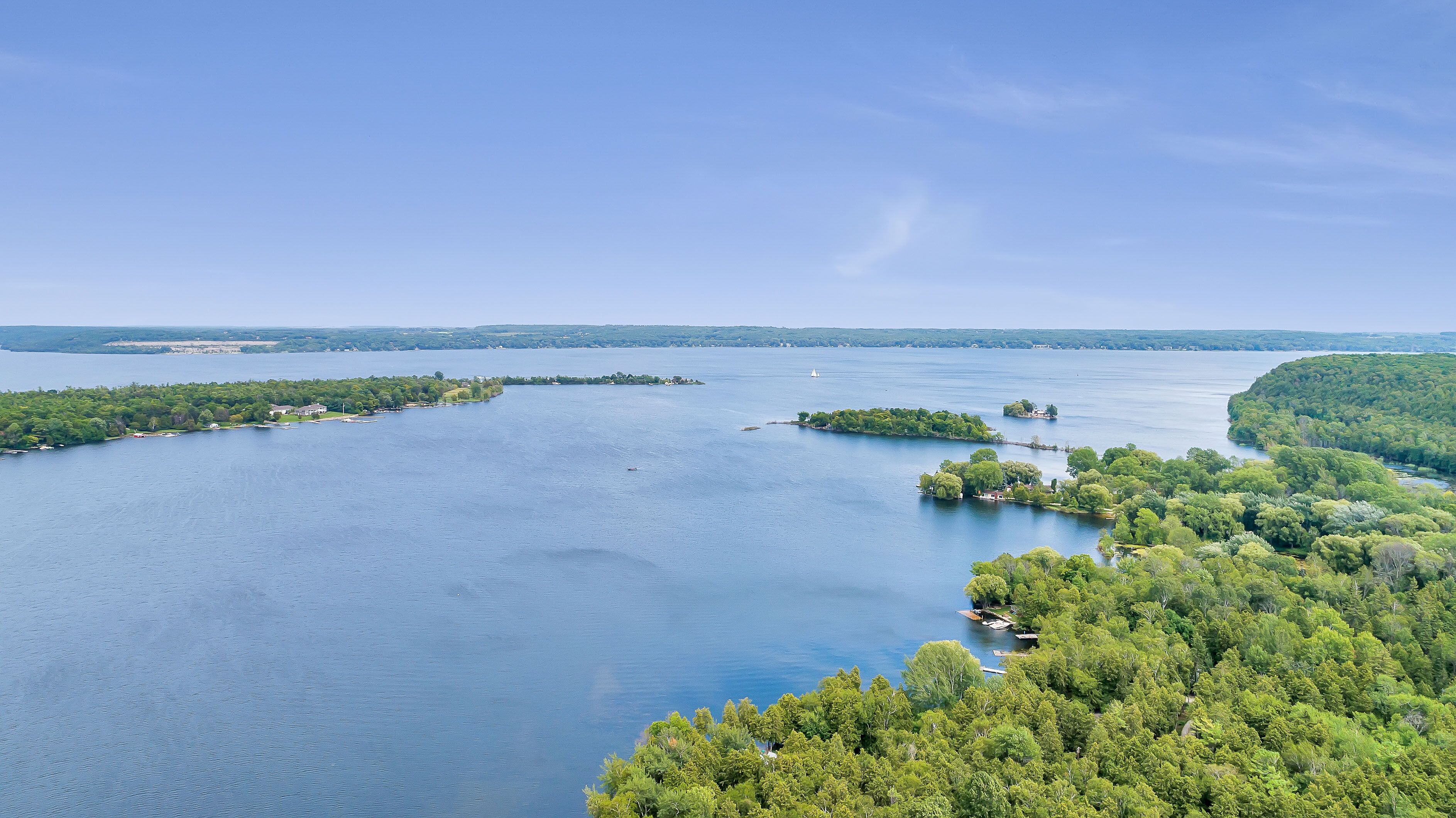 A large body of water surrounded by dense forest.