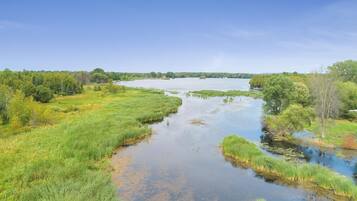 A river meandering through a lush landscape with dense greenery and trees.