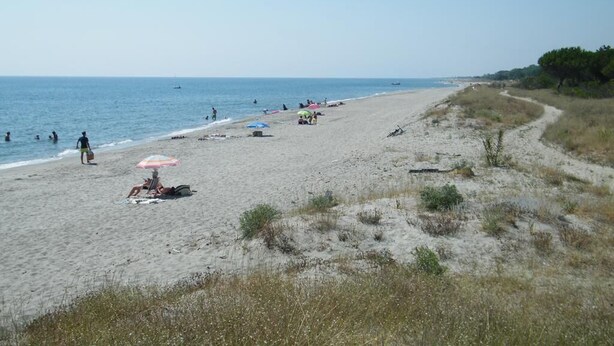 A beach with people sunbathing and swimming, a path along the shore, and a clear sky. - First floor single house (Querciolo)