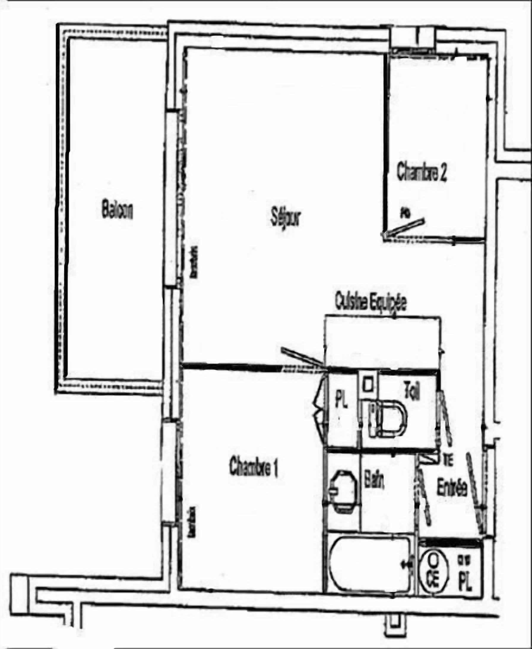 A floor plan with a balcony, two bedrooms, a kitchen, a bathroom, and a dining area.
