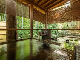 A traditional Japanese onsen with a wooden interior, a stone basin, and a view of lush greenery outside.
