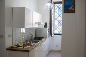 Fridge, microwave, stovetop, coffee/tea maker