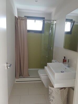 Chuveiro, secador de cabelo, toalhas de banho, papel higiênico