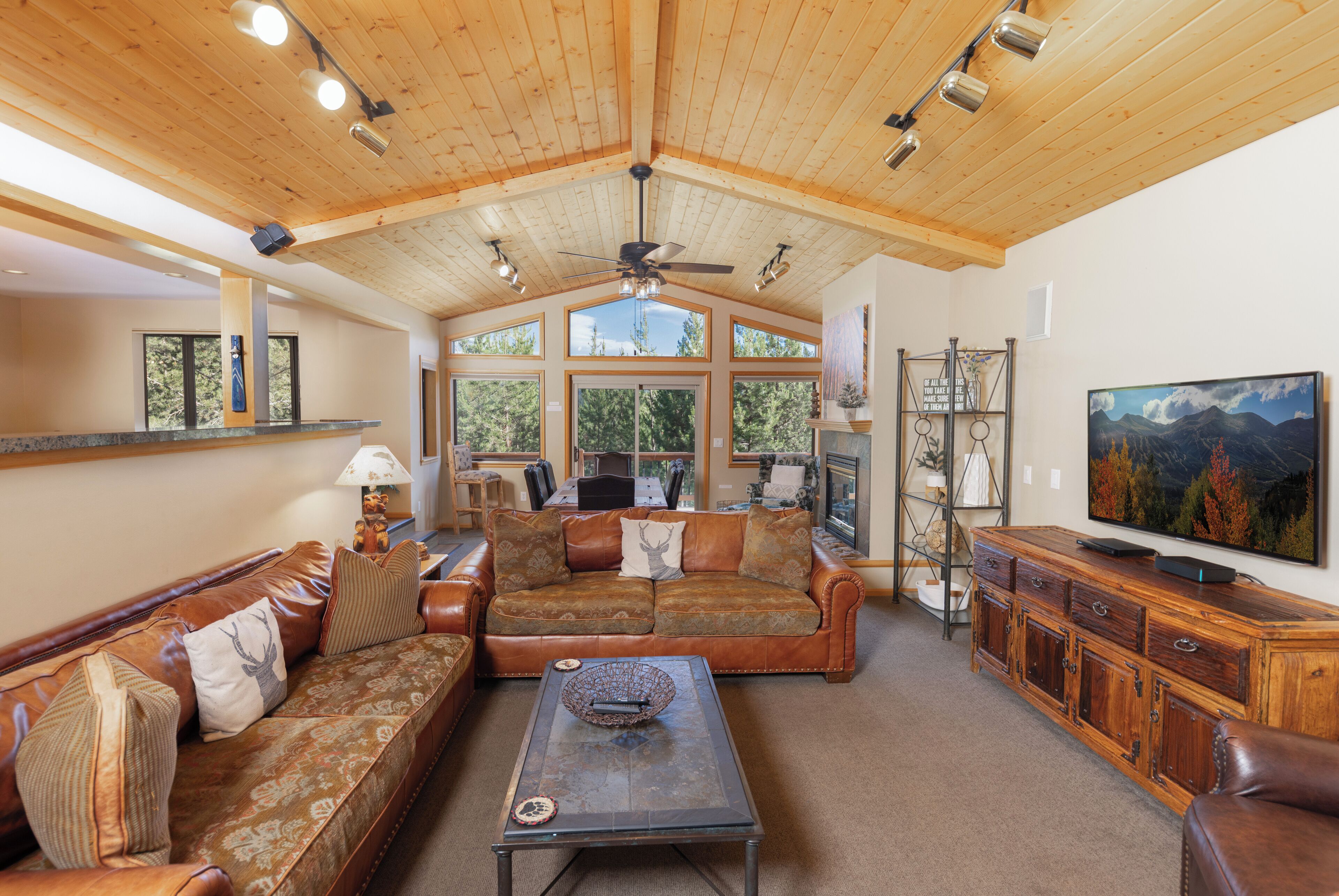 Smart TV, fireplace, DVD player, foosball