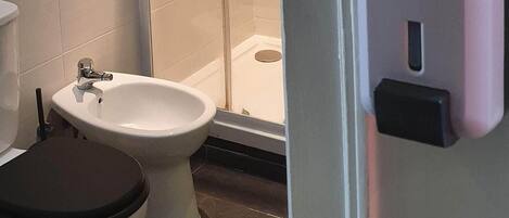 A bathroom with a toilet, bidet, and a glass shower enclosure.
