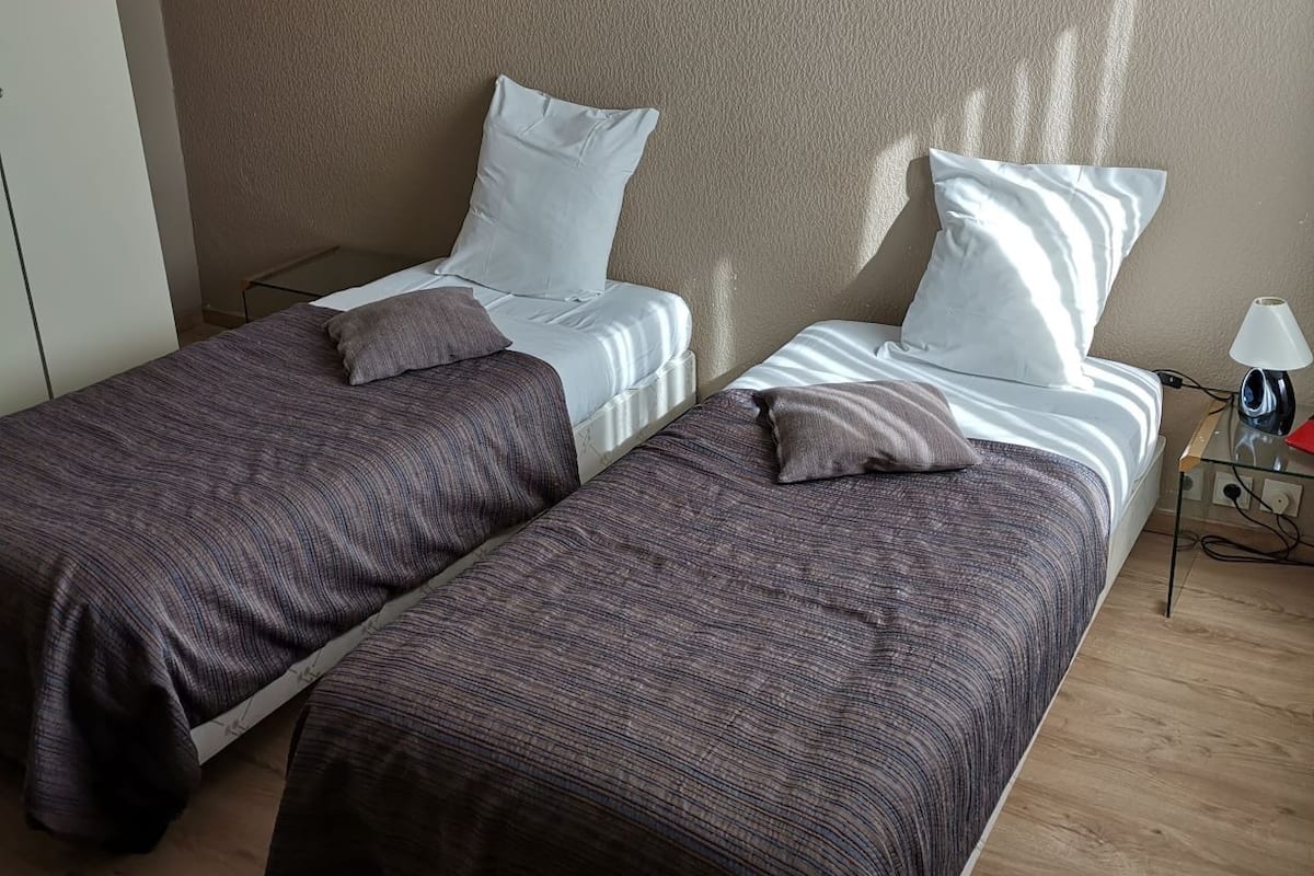A room with two beds, each with a pillow and a blanket. There is a nightstand with a lamp and a power outlet.