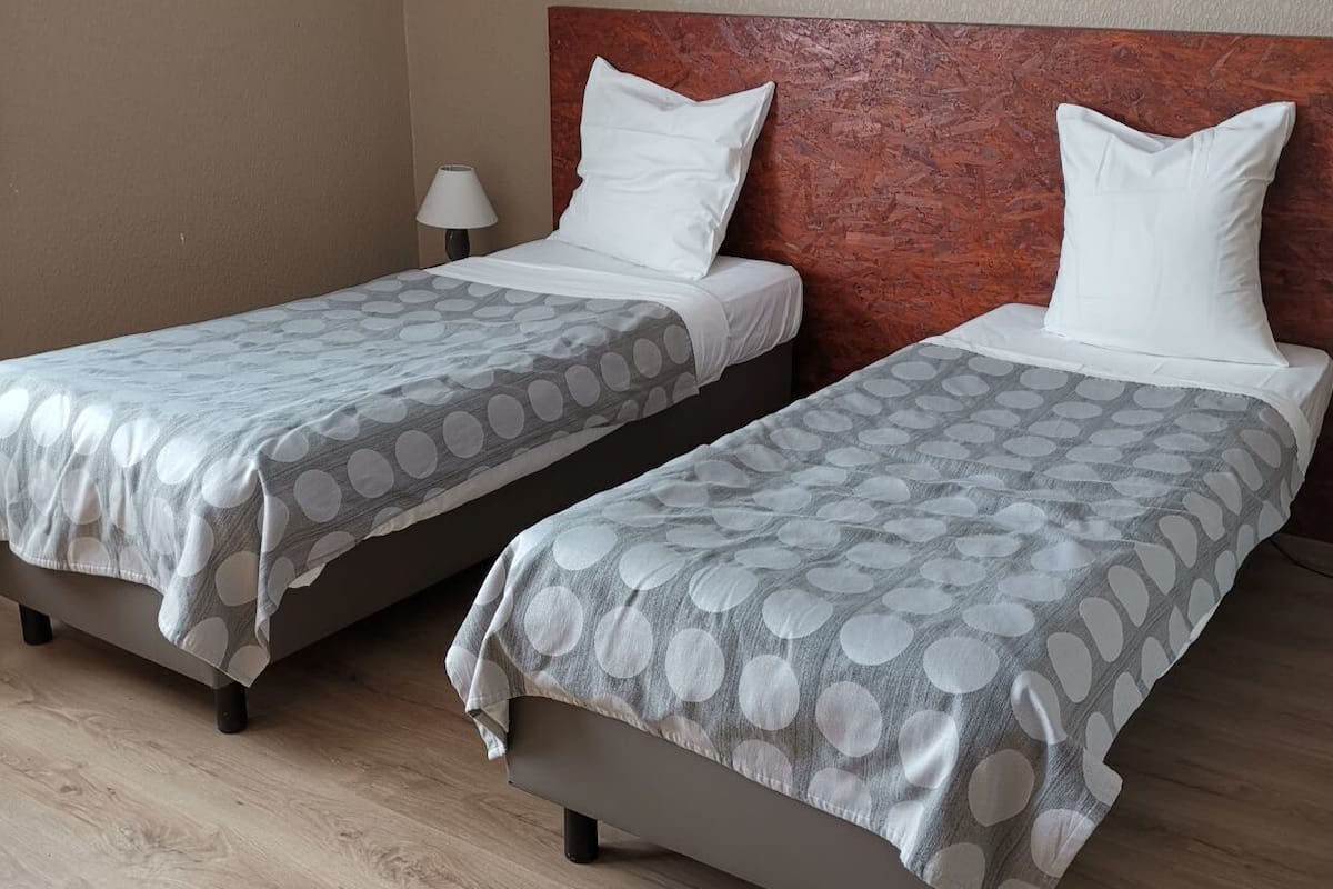 Two single beds with grey and white polka dot bedding, a wooden headboard, and a nightstand with a lamp.